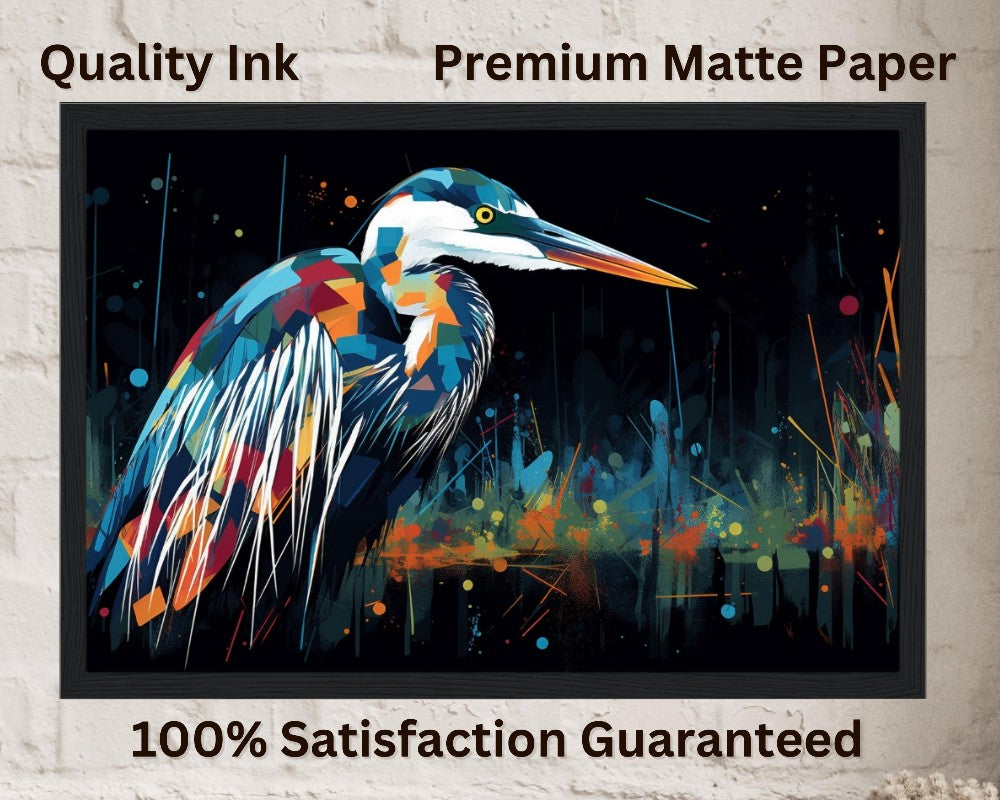 Impression d’affiche de héron coloré. Aquarelle Great Bird Art Gift, cadeau pour maman, papa. Art mural animal arc-en-ciel