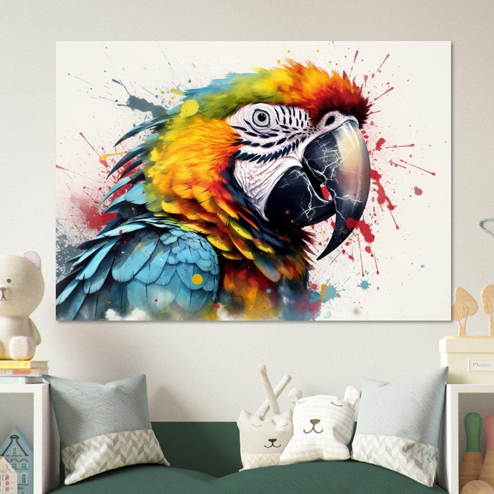 Colorful Macaw Parrot Poster Print. Watercolor Cute Bird Art Gift, Present for Mom, Dad. Safari Animal Wall Art