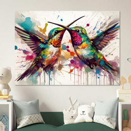 Colorful Courting Hummingbirds Poster Print. Watercolor Cute Bird Art Gift, Present for Mom, Dad. Rainbow Animal Wall Art