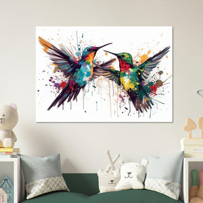 Impression d’affiche colorée de colibri. Cadeau d'art de deux oiseaux mignons à l'aquarelle, cadeau pour maman, papa. Art mural animal arc-en-ciel