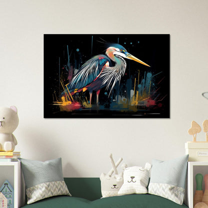 Impression d’affiche de héron coloré. Aquarelle Great Bird Art Gift, cadeau pour maman, papa. Art mural animal arc-en-ciel