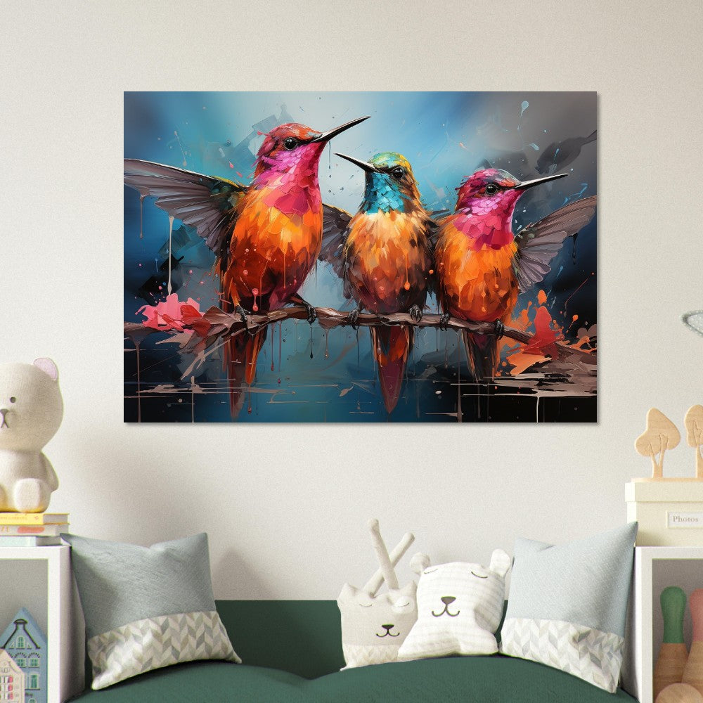 Colorful Hummingbird Poster Print. Three Watercolor Cute Birds Art Gift, Present for Mom, Dad. Rainbow Animal Wall Art