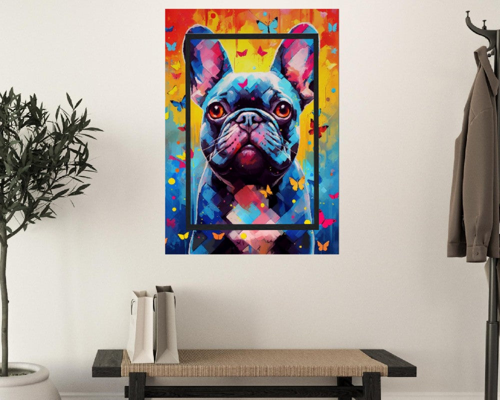 Impression de bouledogue français et de papillons - Cadeau d'art mural animal coloré pour les amoureux des chiens, maman Frenchie, papa Poster