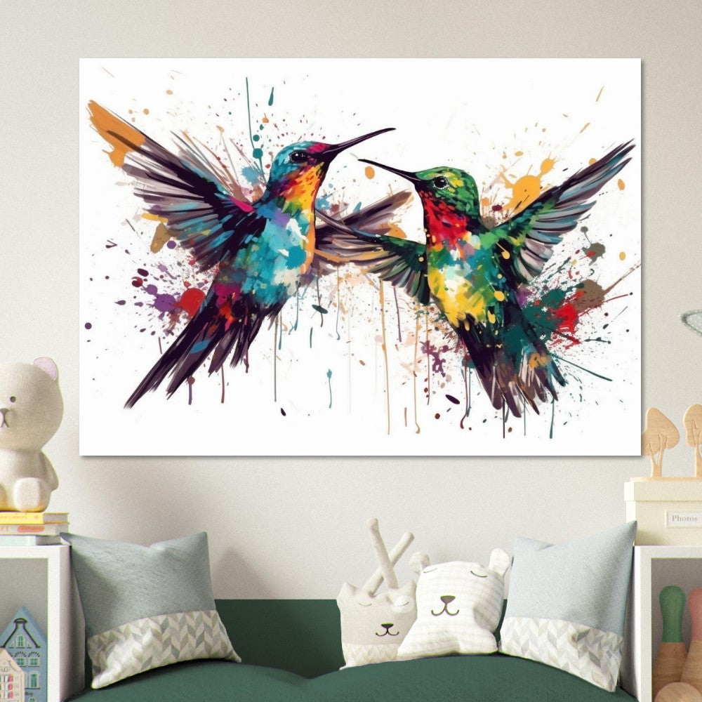 Impression d’affiche colorée de colibri. Cadeau d'art de deux oiseaux mignons à l'aquarelle, cadeau pour maman, papa. Art mural animal arc-en-ciel