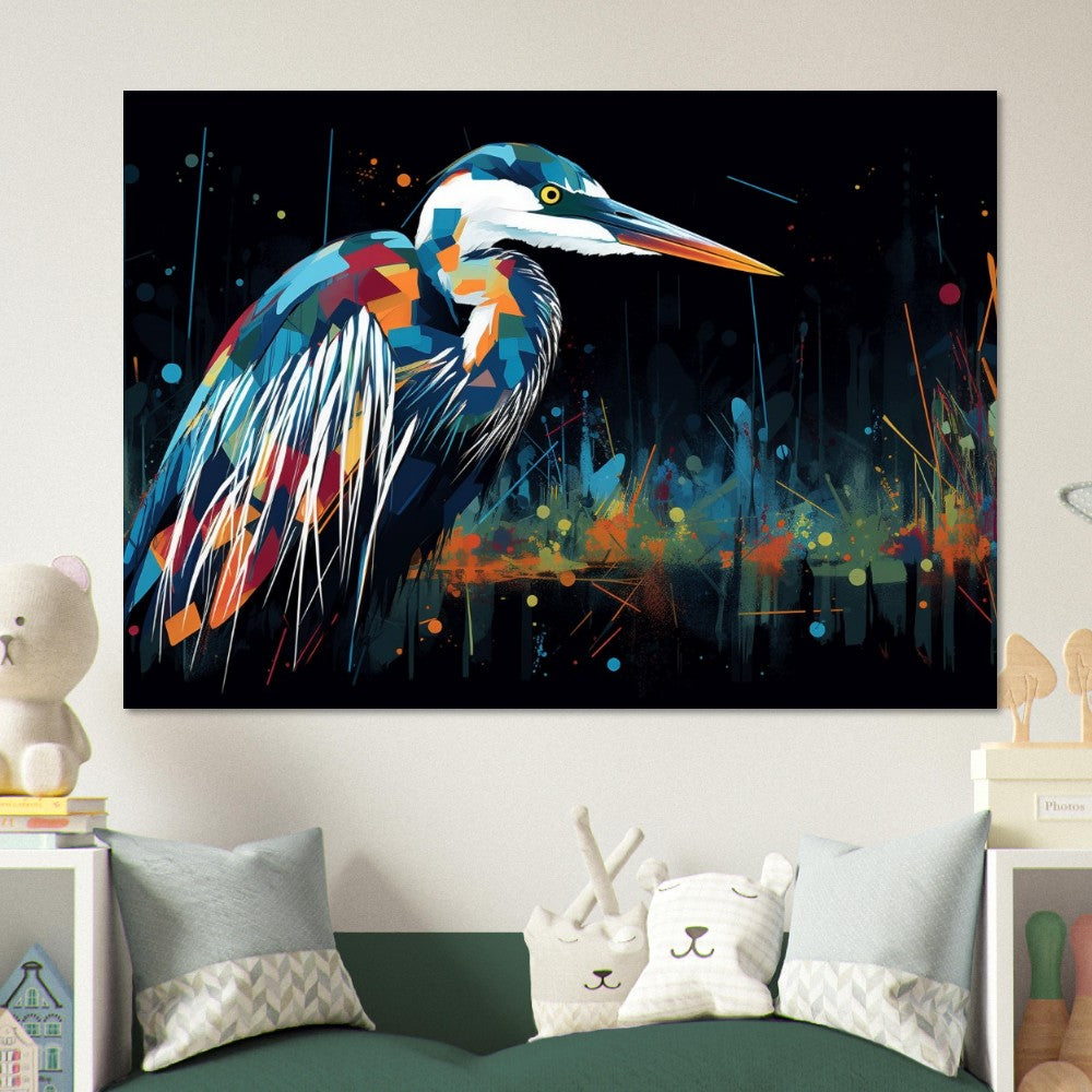 Impression d’affiche de héron coloré. Aquarelle Great Bird Art Gift, cadeau pour maman, papa. Art mural animal arc-en-ciel