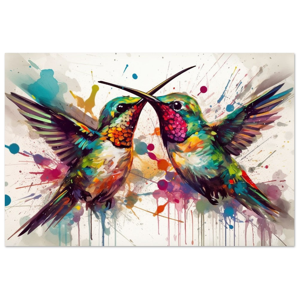 Colorful Courting Hummingbirds Poster Print. Watercolor Cute Bird Art Gift, Present for Mom, Dad. Rainbow Animal Wall Art