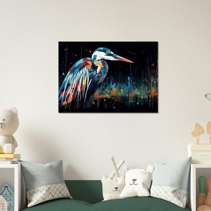 Impression d’affiche de héron coloré. Aquarelle Great Bird Art Gift, cadeau pour maman, papa. Art mural animal arc-en-ciel