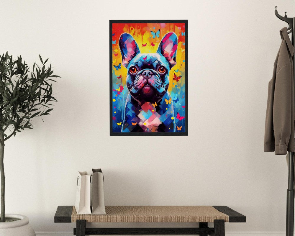 Impression de bouledogue français et de papillons - Cadeau d'art mural animal coloré pour les amoureux des chiens, maman Frenchie, papa Poster