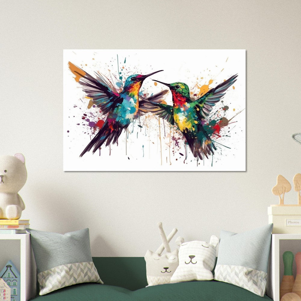 Impression d’affiche colorée de colibri. Cadeau d'art de deux oiseaux mignons à l'aquarelle, cadeau pour maman, papa. Art mural animal arc-en-ciel