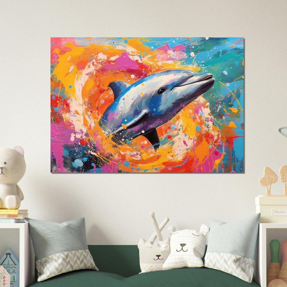 Swimming Dolphin Poster. Rainbow Sea Animal Wall Art Print. Sunrise coastal colorful beach gift. Bedroom Bathroom Office Nursery