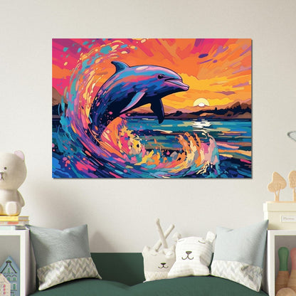 Leaping Dolphin Poster. Sunset Rainbow Animal Wall Art Print. Sunrise coastal colorful beach gift. Bedroom Bathroom Office Nursery