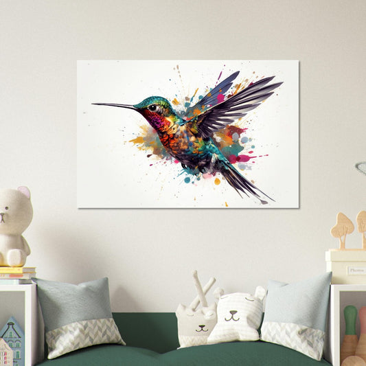 Colorful Vintage Hummingbird Poster Print. Watercolor Cute Bird Art Gift, Present for Mom, Dad. Rainbow Animal Wall Art