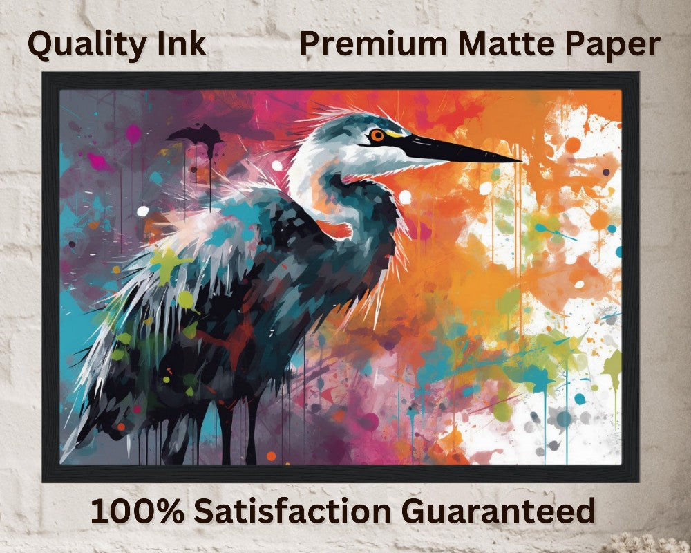 Colorful Heron Poster Print. Watercolor Great Bird Art Gift, Present for Mom, Dad. Rainbow Animal Wall Art