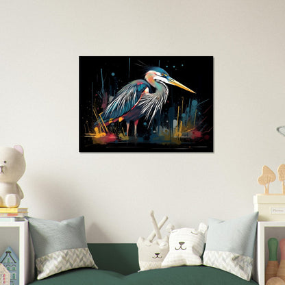 Impression d’affiche de héron coloré. Aquarelle Great Bird Art Gift, cadeau pour maman, papa. Art mural animal arc-en-ciel