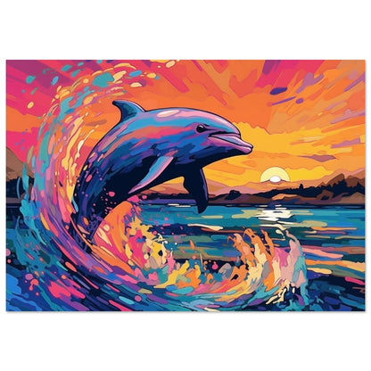 Leaping Dolphin Poster. Sunset Rainbow Animal Wall Art Print. Sunrise coastal colorful beach gift. Bedroom Bathroom Office Nursery