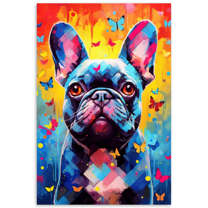 Impression de bouledogue français et de papillons - Cadeau d'art mural animal coloré pour les amoureux des chiens, maman Frenchie, papa Poster