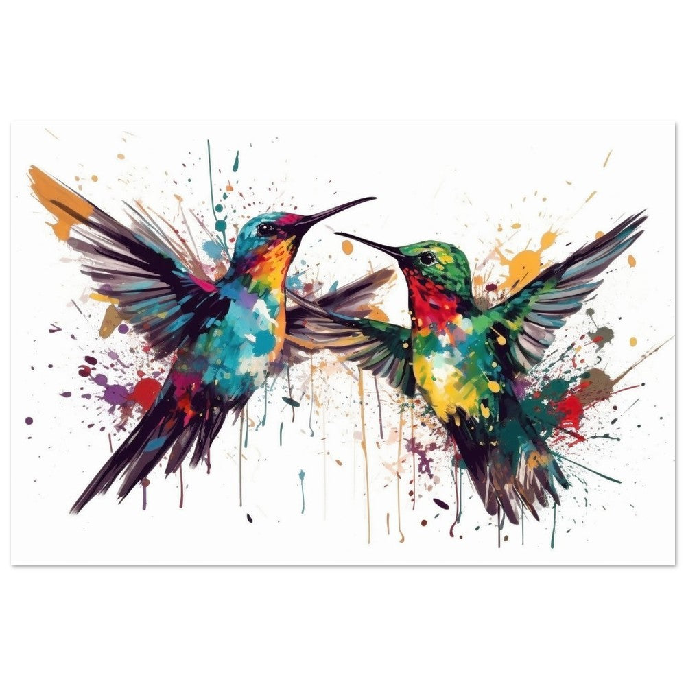 Impression d’affiche colorée de colibri. Cadeau d'art de deux oiseaux mignons à l'aquarelle, cadeau pour maman, papa. Art mural animal arc-en-ciel