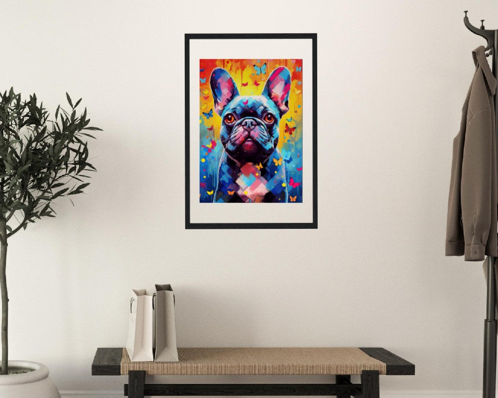 Impression de bouledogue français et de papillons - Cadeau d'art mural animal coloré pour les amoureux des chiens, maman Frenchie, papa Poster