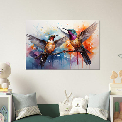 Colorful Hummingbird Poster Print. Two Watercolor Cute Birds Art Gift, Present for Mom, Dad. Rainbow Animal Wall Art