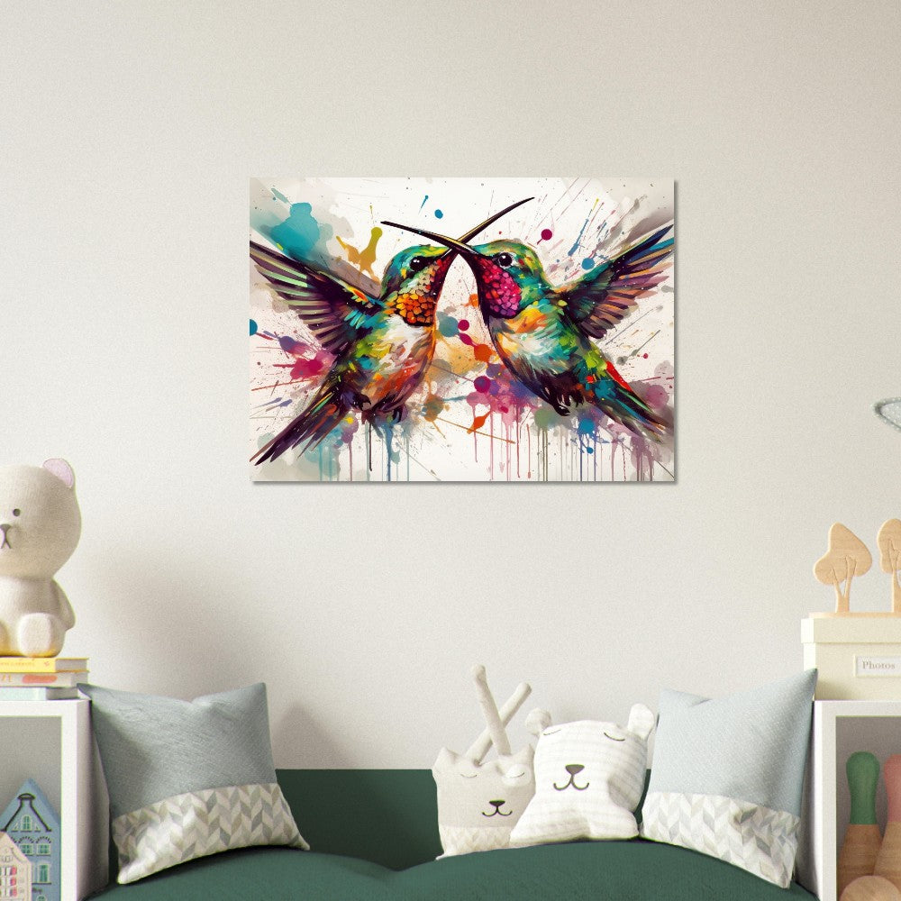 Colorful Courting Hummingbirds Poster Print. Watercolor Cute Bird Art Gift, Present for Mom, Dad. Rainbow Animal Wall Art