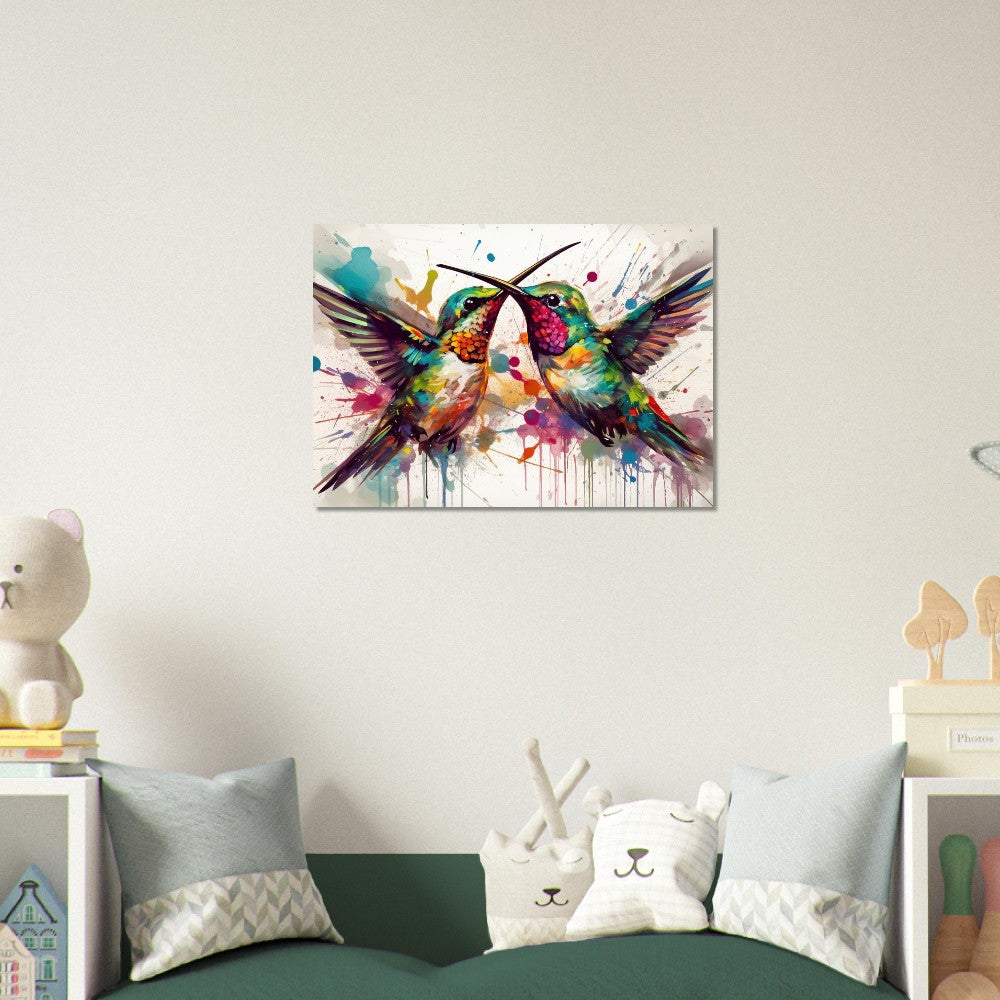 Colorful Courting Hummingbirds Poster Print. Watercolor Cute Bird Art Gift, Present for Mom, Dad. Rainbow Animal Wall Art