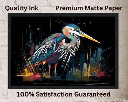 Impression d’affiche de héron coloré. Aquarelle Great Bird Art Gift, cadeau pour maman, papa. Art mural animal arc-en-ciel