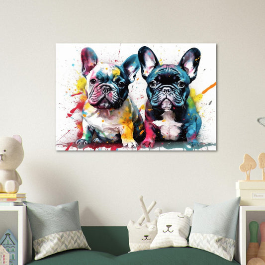 Impression d’affiche aquarelle de chiots bouledogue français | Cadeau d’art mural coloré pour les amoureux des chiens, maman ou papa Frenchie. Amour de chiot !