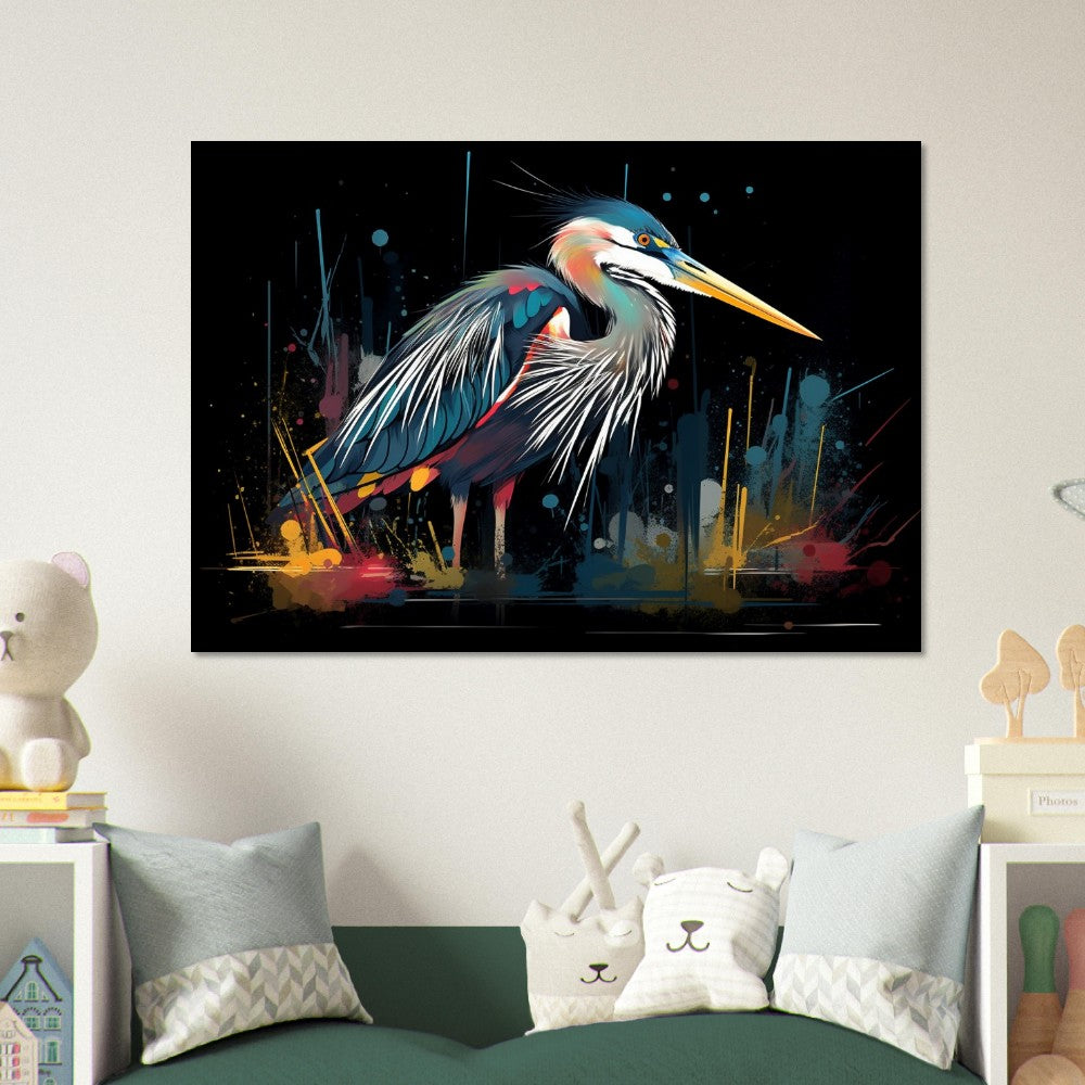 Impression d’affiche de héron coloré. Aquarelle Great Bird Art Gift, cadeau pour maman, papa. Art mural animal arc-en-ciel