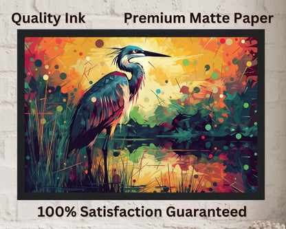 Colorful Heron Poster Print. Watercolor Great Bird Art Gift, Present for Mom, Dad. Rainbow Animal Wall Art