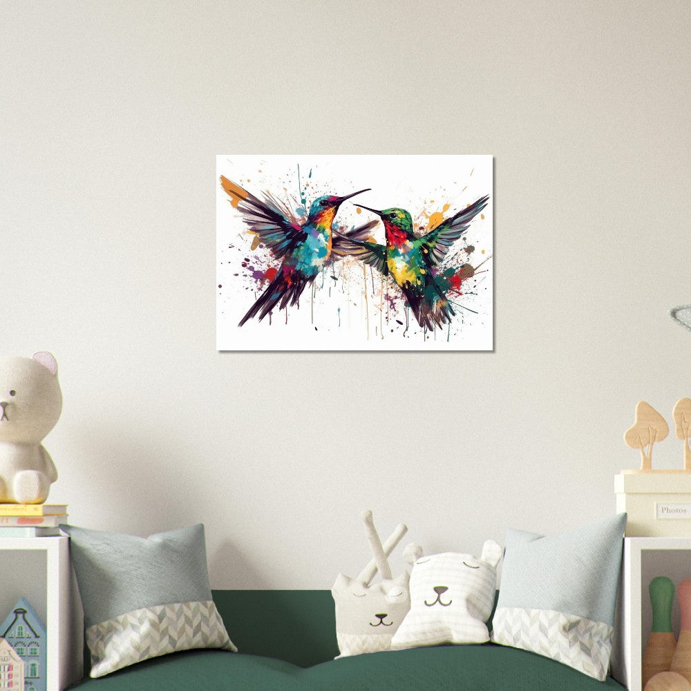 Impression d’affiche colorée de colibri. Cadeau d'art de deux oiseaux mignons à l'aquarelle, cadeau pour maman, papa. Art mural animal arc-en-ciel