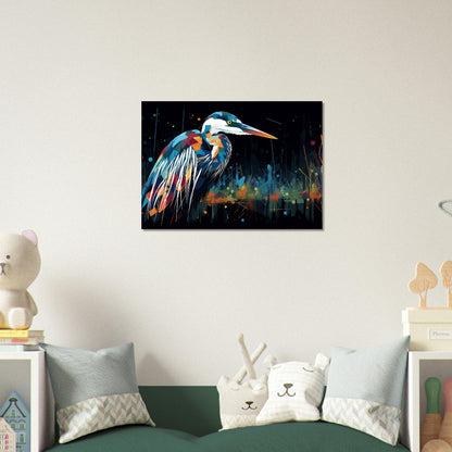 Impression d’affiche de héron coloré. Aquarelle Great Bird Art Gift, cadeau pour maman, papa. Art mural animal arc-en-ciel