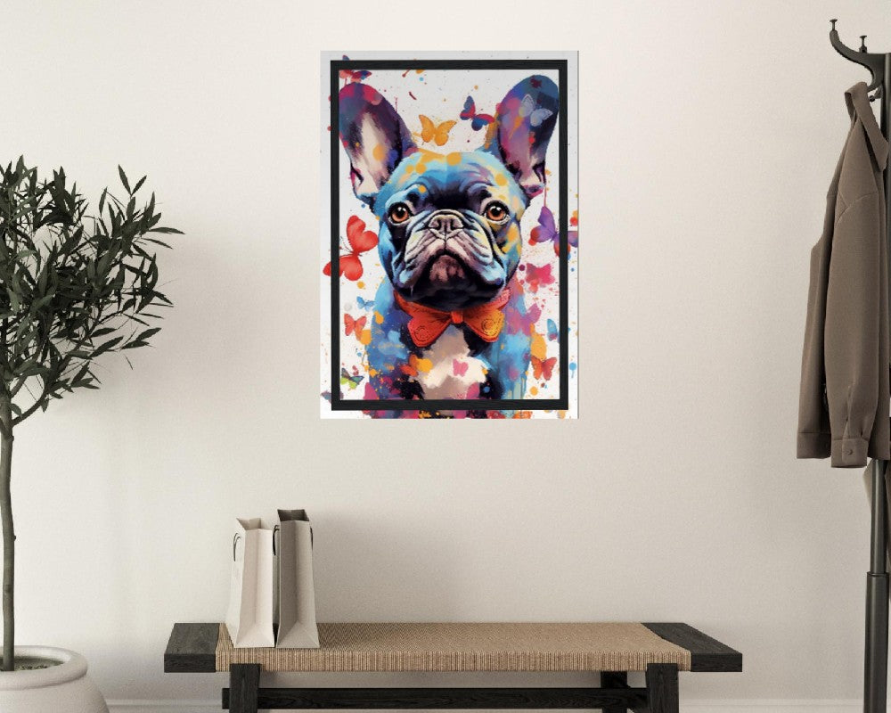 Impression de bouledogue français et de papillons - Cadeau d'art mural animal coloré pour les amoureux des chiens, maman Frenchie, papa Poster