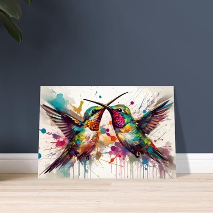 Colorful Courting Hummingbirds Poster Print. Watercolor Cute Bird Art Gift, Present for Mom, Dad. Rainbow Animal Wall Art