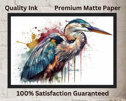 Colorful Heron Poster Print. Watercolor Great Bird Art Gift, Present for Mom, Dad. Rainbow Animal Wall Art