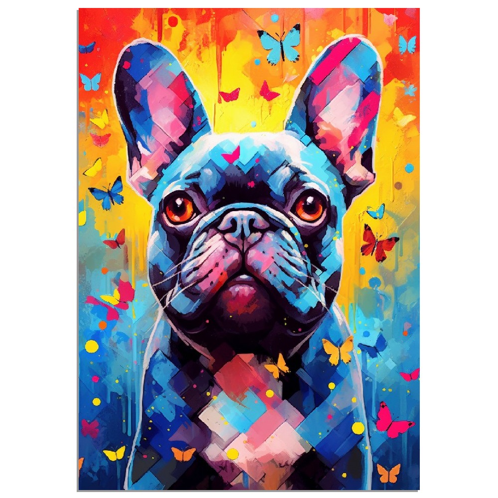 Impression de bouledogue français et de papillons - Cadeau d'art mural animal coloré pour les amoureux des chiens, maman Frenchie, papa Poster