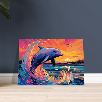 Leaping Dolphin Poster. Sunset Rainbow Animal Wall Art Print. Sunrise coastal colorful beach gift. Bedroom Bathroom Office Nursery