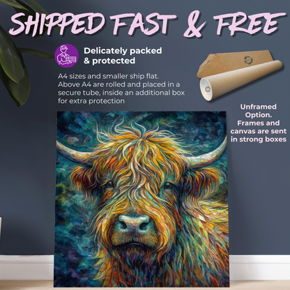 Highland Cow Portrait - Canvas Print, Pine Wooden Frame or Unframed Matte Paper Options