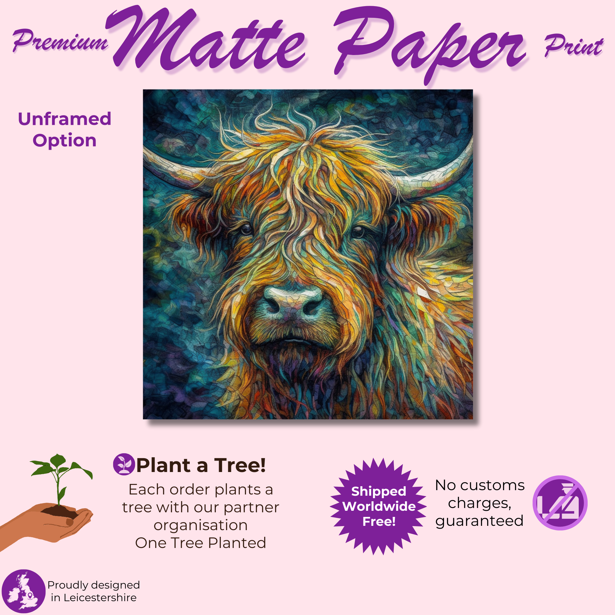 Highland Cow Portrait - Canvas Print, Pine Wooden Frame or Unframed Matte Paper Options