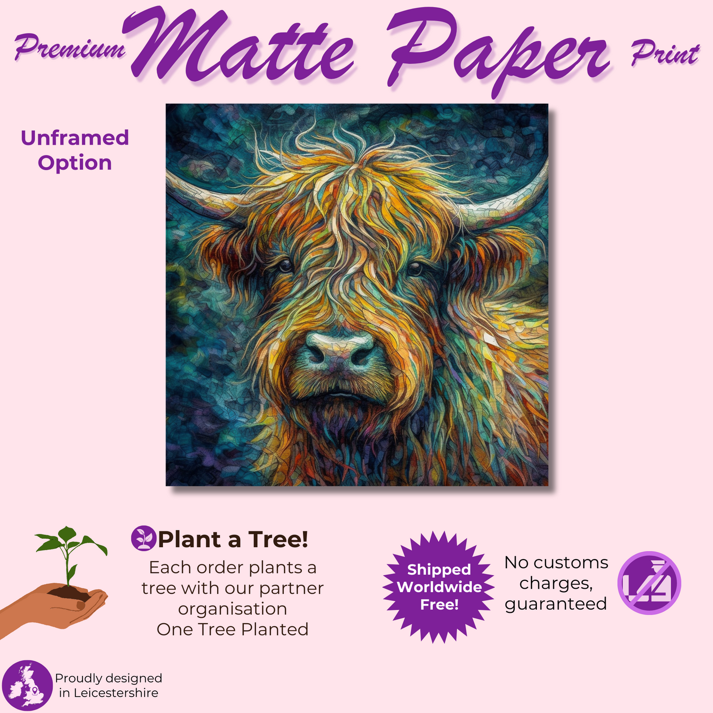 Highland Cow Portrait - Canvas Print, Pine Wooden Frame or Unframed Matte Paper Options