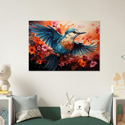 Impression d’affiche d’oiseau de martin-pêcheur. Cadeau d’art d’oiseau volant à l’aquarelle, cadeau pour maman, papa. Art mural animalier floral