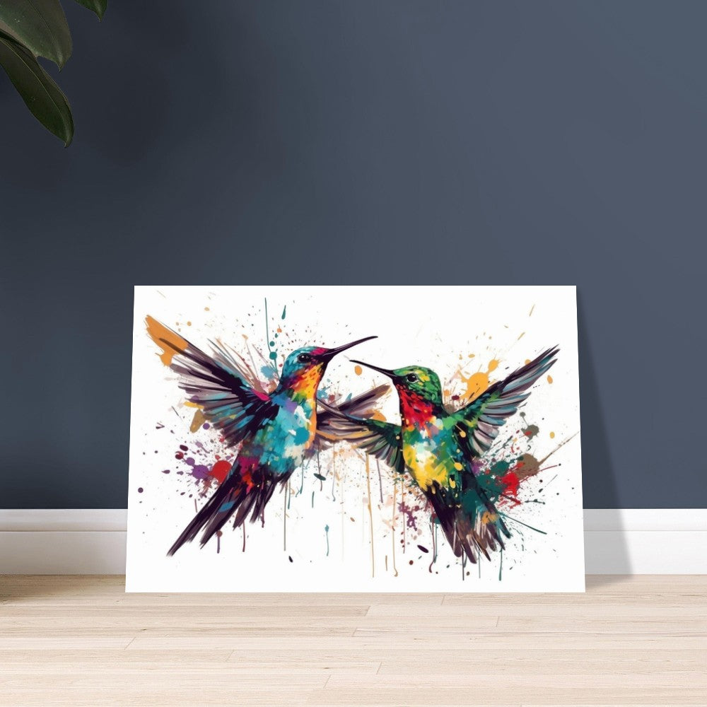 Impression d’affiche colorée de colibri. Cadeau d'art de deux oiseaux mignons à l'aquarelle, cadeau pour maman, papa. Art mural animal arc-en-ciel