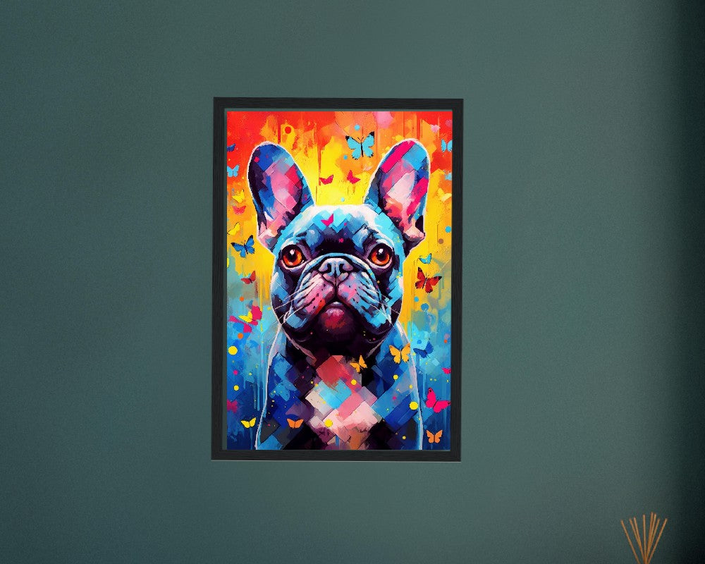 Impression de bouledogue français et de papillons - Cadeau d'art mural animal coloré pour les amoureux des chiens, maman Frenchie, papa Poster