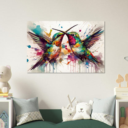 Colorful Courting Hummingbirds Poster Print. Watercolor Cute Bird Art Gift, Present for Mom, Dad. Rainbow Animal Wall Art