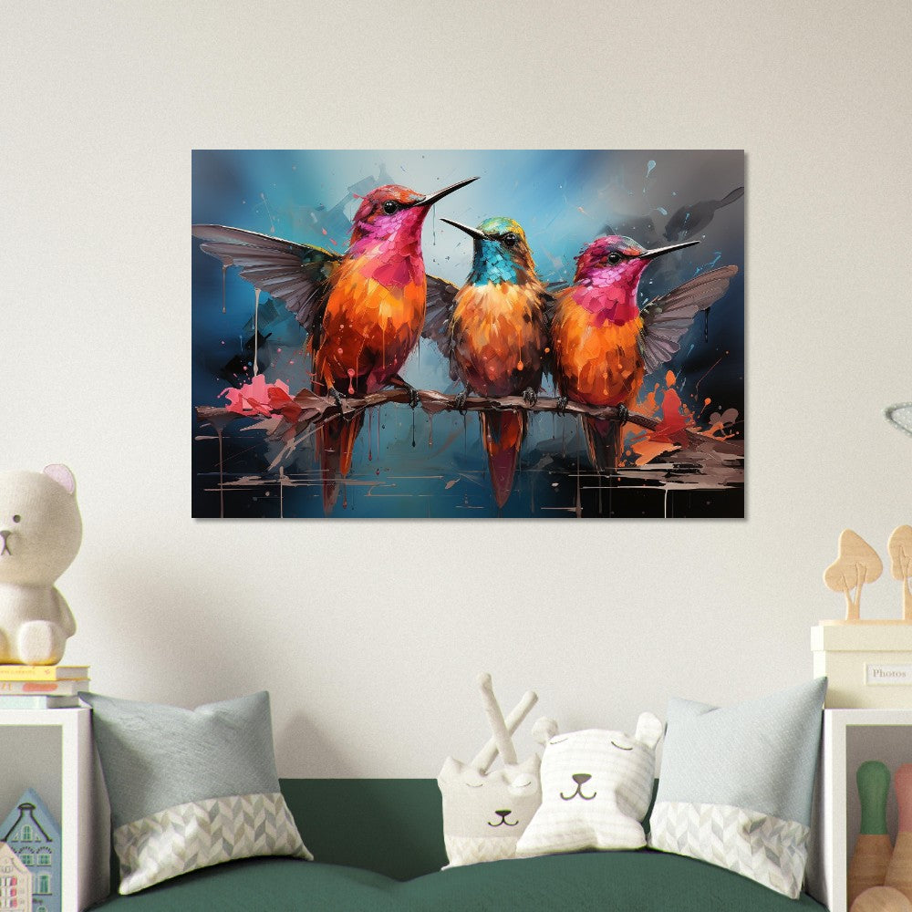 Colorful Hummingbird Poster Print. Three Watercolor Cute Birds Art Gift, Present for Mom, Dad. Rainbow Animal Wall Art