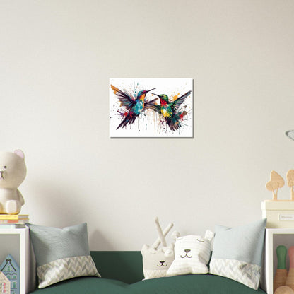 Impression d’affiche colorée de colibri. Cadeau d'art de deux oiseaux mignons à l'aquarelle, cadeau pour maman, papa. Art mural animal arc-en-ciel