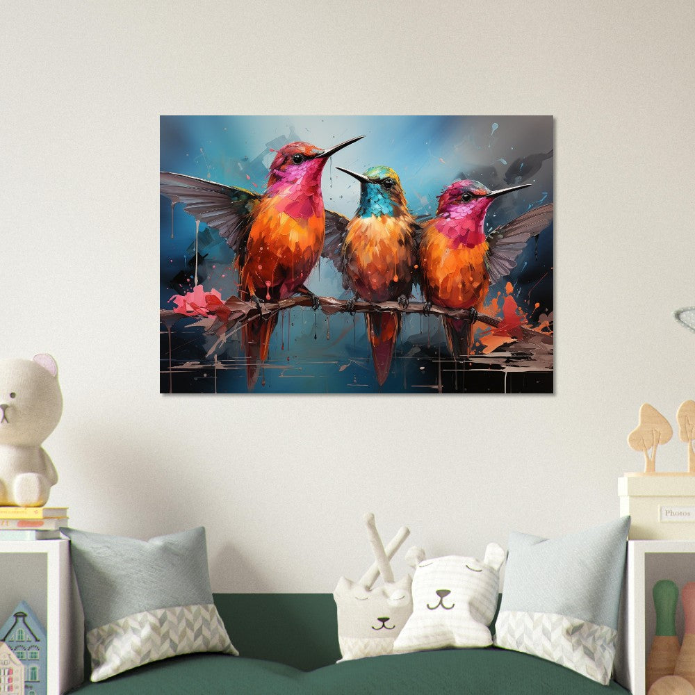 Colorful Hummingbird Poster Print. Three Watercolor Cute Birds Art Gift, Present for Mom, Dad. Rainbow Animal Wall Art