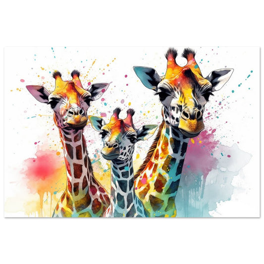 Adorable Trio of Giraffes Watercolor Poster | Colorful Watercolor Wall Art Safari Gift for Nursery, Baby Shower, or Giraffe Lover