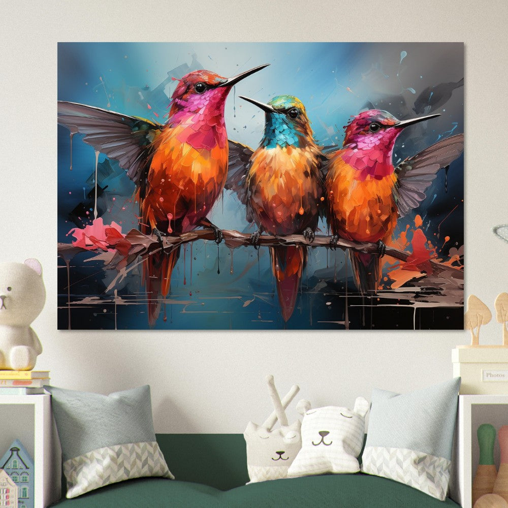 Colorful Hummingbird Poster Print. Three Watercolor Cute Birds Art Gift, Present for Mom, Dad. Rainbow Animal Wall Art