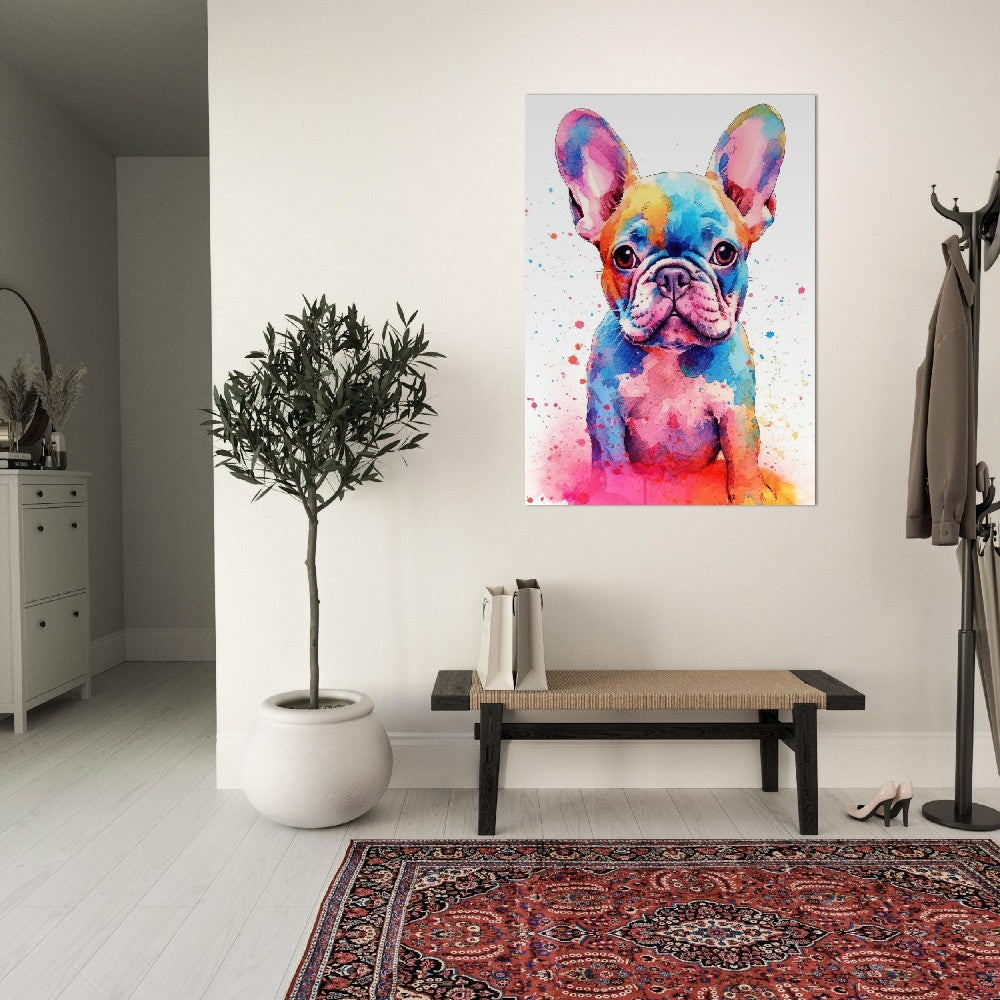 Affiche de chiot bouledogue français avec livraison gratuite ! Affiche colorée de chiot de pépinière d'aquarelle, cadeau d'art mural imprimé pour les amoureux des chiens, maman Frenchie, papa