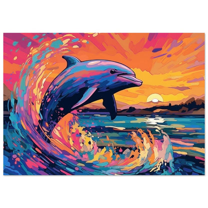 Leaping Dolphin Poster. Sunset Rainbow Animal Wall Art Print. Sunrise coastal colorful beach gift. Bedroom Bathroom Office Nursery